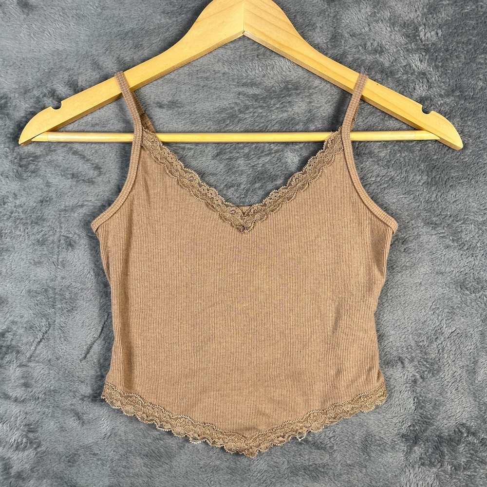 Hollister Camisole Tank Top Women XS Brown Adjustable Spaghetti Straps Lace Trim